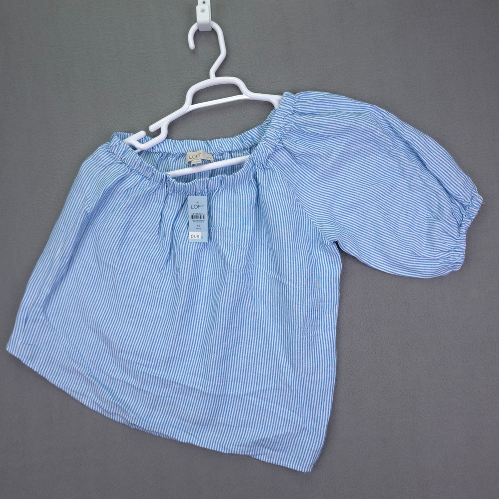 LOFT Top One Shoulder Puff Sleeve Blue White Striped XSP Linen Blend New